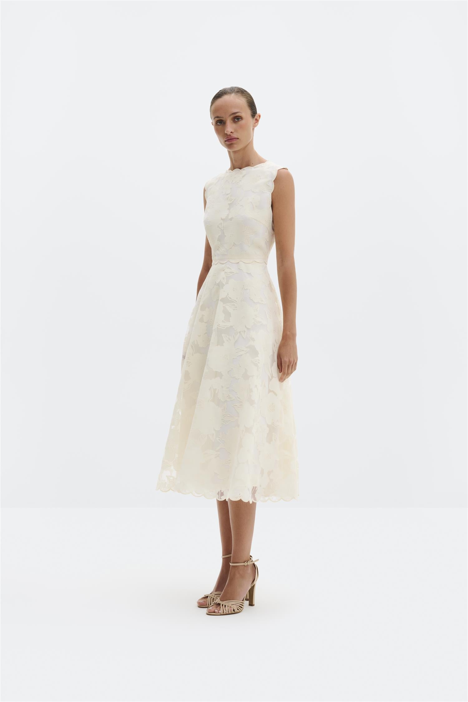 Kjoler | Elin Round Neck Lace Midi Dress Vanilla